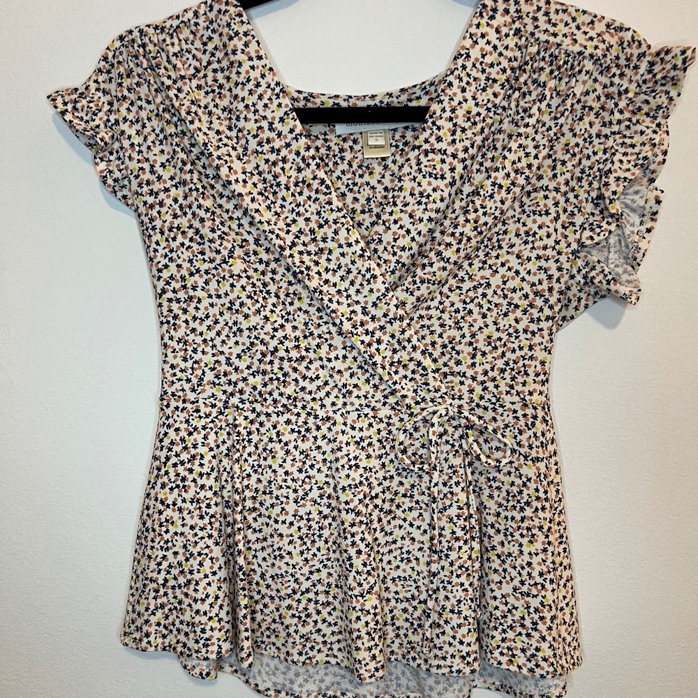 Monteau Los Angeles Floral Faux Wrap Flutter Sleeve Top - Size S